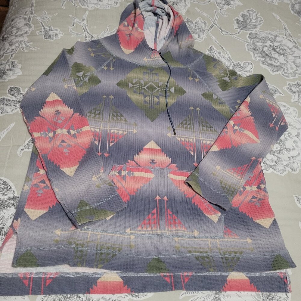 Chaps Blue/Green/Peach Cotton Pull Over Hooded Sweatshirt/Top Medium EUC